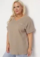 Bluzki damskie - Beżowa Bawełniana Bluzka z Kieszonką na Boku Quilea - miniaturka - grafika 1