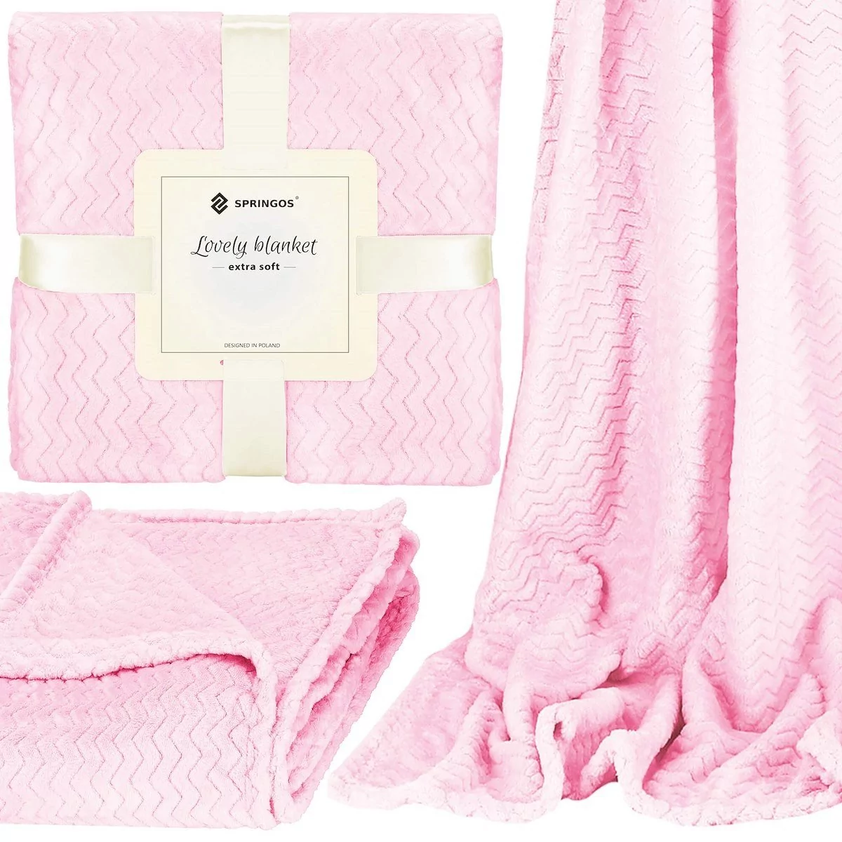 Narzuta na łóżko, pled 130x180 cm różowy, dwustronny, tłoczony koc na kanapę zygzak HA7130