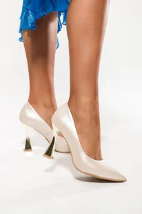 Beżowe szpilki skórzane damskie perłowe złoty obcas klepsydra PRODUKT POLSKI Casu 3181-40 - Czółenka - miniaturka - grafika 1