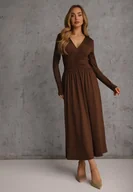 Sukienki - Brązowa Taliowana Sukienka Longsleeve z Wiskozą z Marszczeniem i Dekoltem V Elirie - miniaturka - grafika 1