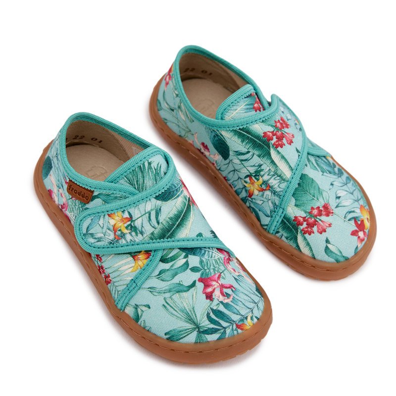 Kapcie Dziecięce Na Rzep Barefoot Kwiaty Liście Froddo G1700438-14 Miętowe 33-32