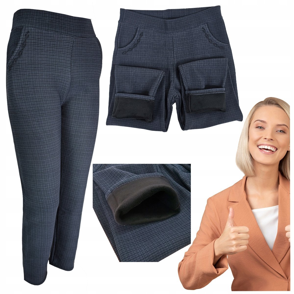 Spodnie Damskie Ocieplane DRESOWE w Kratę Granatowe Casual Duży Roz. XL