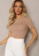 Koszulki i topy damskie - Ciemnobeżowy T-shirt z Prążkowanej Dzianiny o Krótkim Kroju Poutia - miniaturka - grafika 1