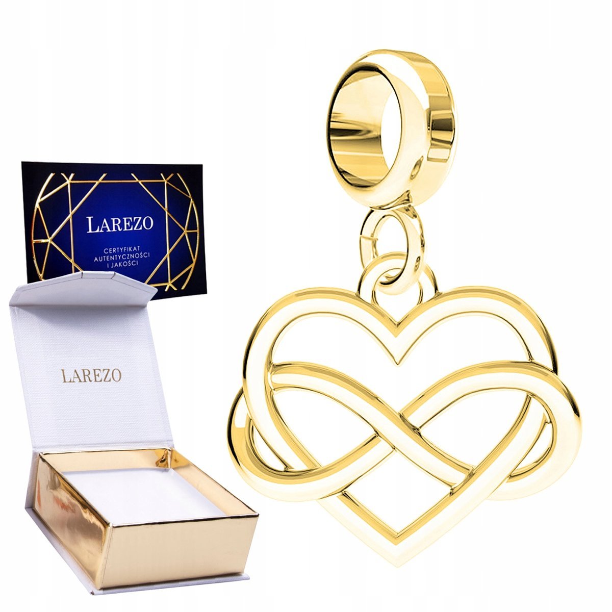 CHARMS ZŁOTY Wiszący z Sercem Serce Serduszko Nieskończoność 24K SREBRO 925