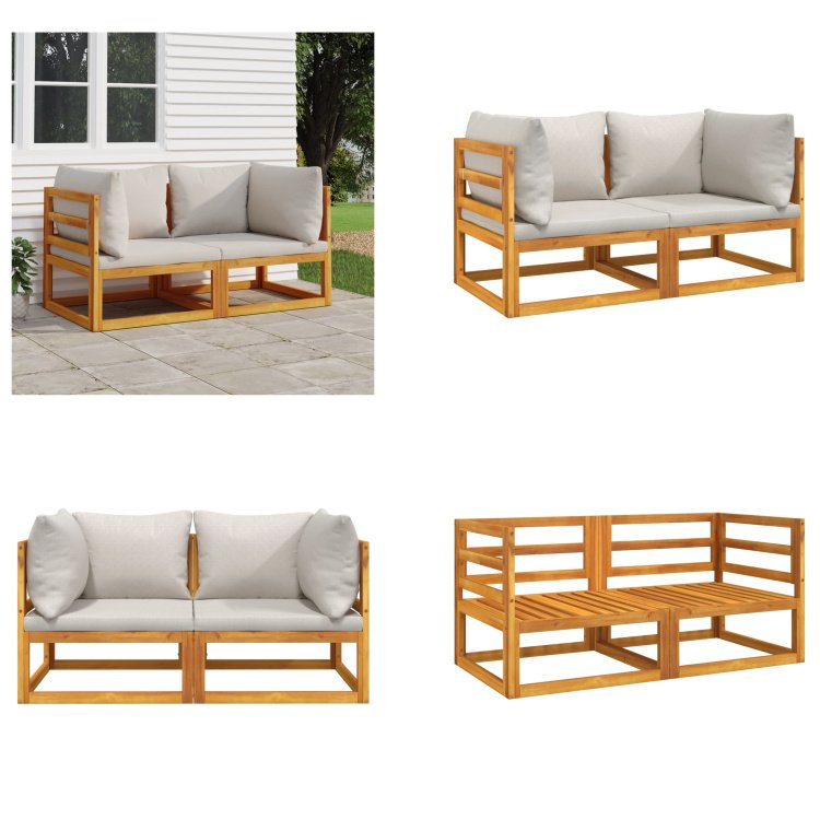 vidaXL Modułowe sofy narożne 2 szt. z jasnoszarymi poduszkami z litego drewna akacjowego - Sofa narożna - Sofy narożne - Meble ogrodowe - Sofa ogrodowa