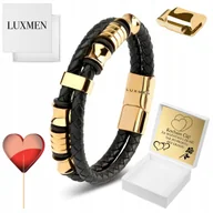 Bransolety męskie - Skórzana Bransoletka Męska Złota Tytanowa Stal Z Grawerem Regulowana Mocna - miniaturka - grafika 1