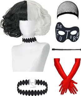 Peruka Biało Czarna CRUELLA DE VIL Cosplay włosy półdługie synt.+ AKCESORIA - Ozdoby do włosów - miniaturka - grafika 1