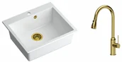 Zlewozmywaki z baterią - Quadron Zlewozmywak granitowy jednokomorowy 57*50*22 cm MORGAN 110 SNOW WHITE ze złotym odpływem z baterią JESSICA Q LINE z wyciąganą wylewką i funkcją prysznica kolor złoty - miniaturka - grafika 1
