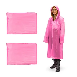 Kurtki męskie - Relaxdays Płaszcz przeciwdeszczowy, zestaw 2 sztuk, z kapturem, ponczo przeciwdeszczowe wielokrotnego użytku, dla kobiet i mężczyzn, wodoszczelny, długi, lekki, różowy - grafika 1