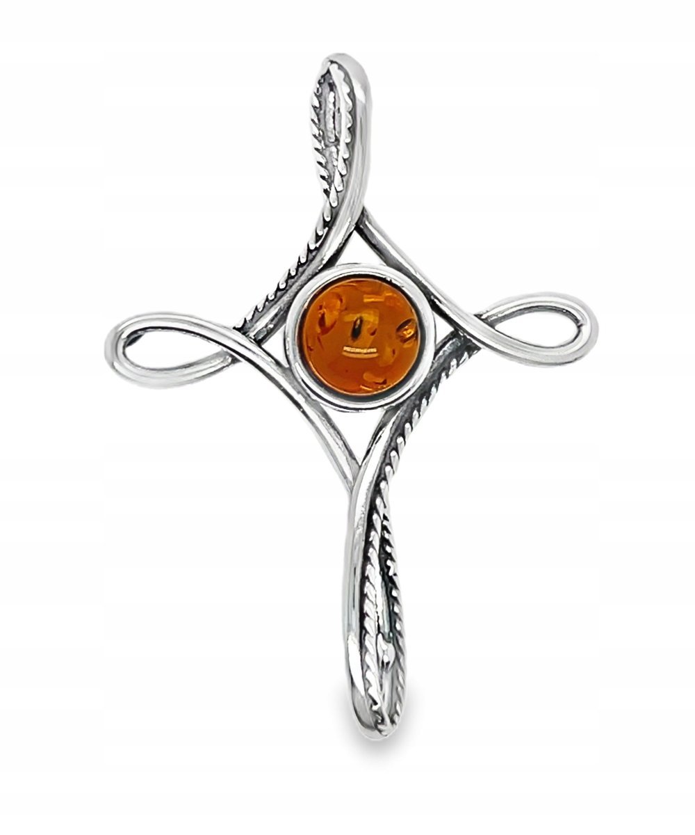 Zawieszka srebrna z bursztynem bałtyckim naturalnym KRZYŻ koniakowy