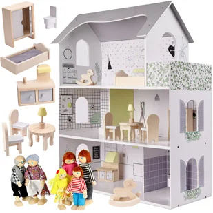 DOMEK DLA LALEK DREWNIANY WILLA + MEBELKI + LALKI LALECZKI 6 SZT. ZESTAW XL - Domki dla lalek - miniaturka - grafika 1