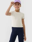 Koszulki dla dziewczynek - 4F T-shirt slim crop top gładki dziewczęcy - beżowy 122 (6-7 lat) - miniaturka - grafika 1
