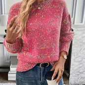 Swetry damskie - TEMU Damski elegancki różowy sweter z kolorowymi ozdobami - Przytulny pulower z opadającymi ramionami, długim rękawem, okrągłym dekoltem, idealny na - miniaturka - grafika 1