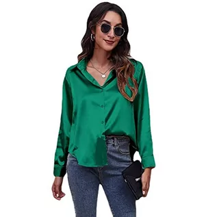 Koszule damskie - Clotth Damska koszula z długim rękawem z satynowego jedwabiu Button Down Shirt, Zielony-XXL, XXL - grafika 1