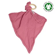 Gryzaki dla dzieci - Hi Little One - Przytulanka dou dou z gryzakiem z organicznej BIO bawełny GOTS cozy muslin with wood teether 2in1 Baby Pink Dark - miniaturka - grafika 1