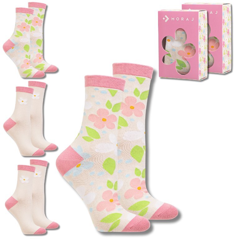 DŁUGIE BAWEŁNIANE SKARPETY DAMSKIE SKARPETKI W KWIATY 4-PAK MORAJ 35-38