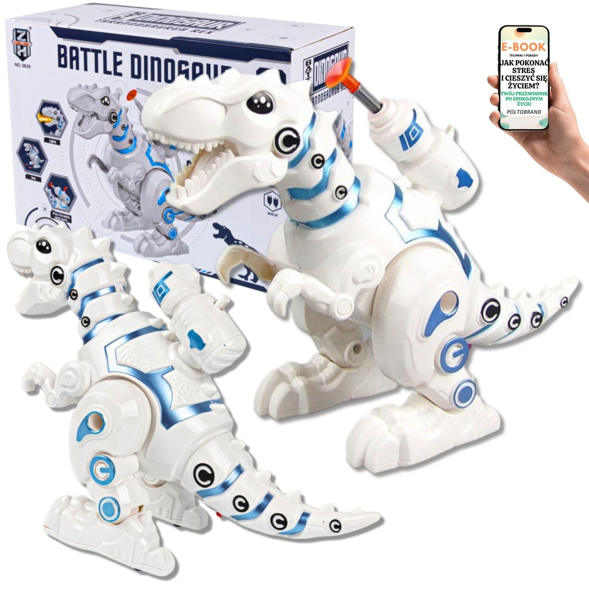 DUŻY DINOZAUR ROBOT Z WYRZUTNIĄ RYCZY CHODZI ŚWIECI Prezent Dla Dziecka Chłopca Wnuczka Syna + EBOOK-1