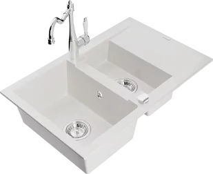 Mexen Gaspar zlewozmywak granitowy 1,5-komorowy z ociekaczem i baterią kuchenną Carla, biały - 6507-20-670700-00 - Zlewozmywaki z baterią - miniaturka - grafika 1