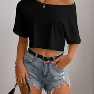 Bluzki damskie - TEMU Elegancka Damska Bluzka Off-Shoulder Crop Top - Styl Casual, Pranie w Praniu Maszynowym, Jednokolorowa, Idealna na Wszystkie Pory Roku - miniaturka - grafika 1
