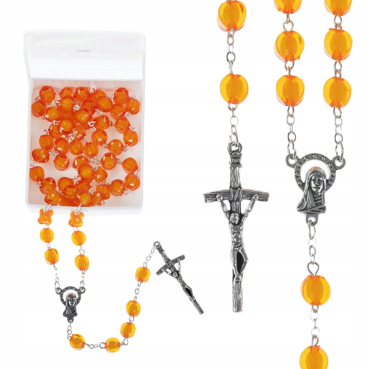 Różaniec Na Szyję Ze Stali Do Ręki Maryja Z Jezusem Pomarańczowy 51Cm