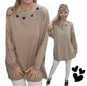 Bluzki damskie - TUNIKA BLUZKA DAMSKA SERCE cyrkonie długi rękaw luźna modna 50 52 5XL 3156 - miniaturka - grafika 1