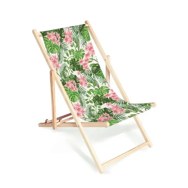 Składany leżak drewniany z nadrukiem Hibiskus