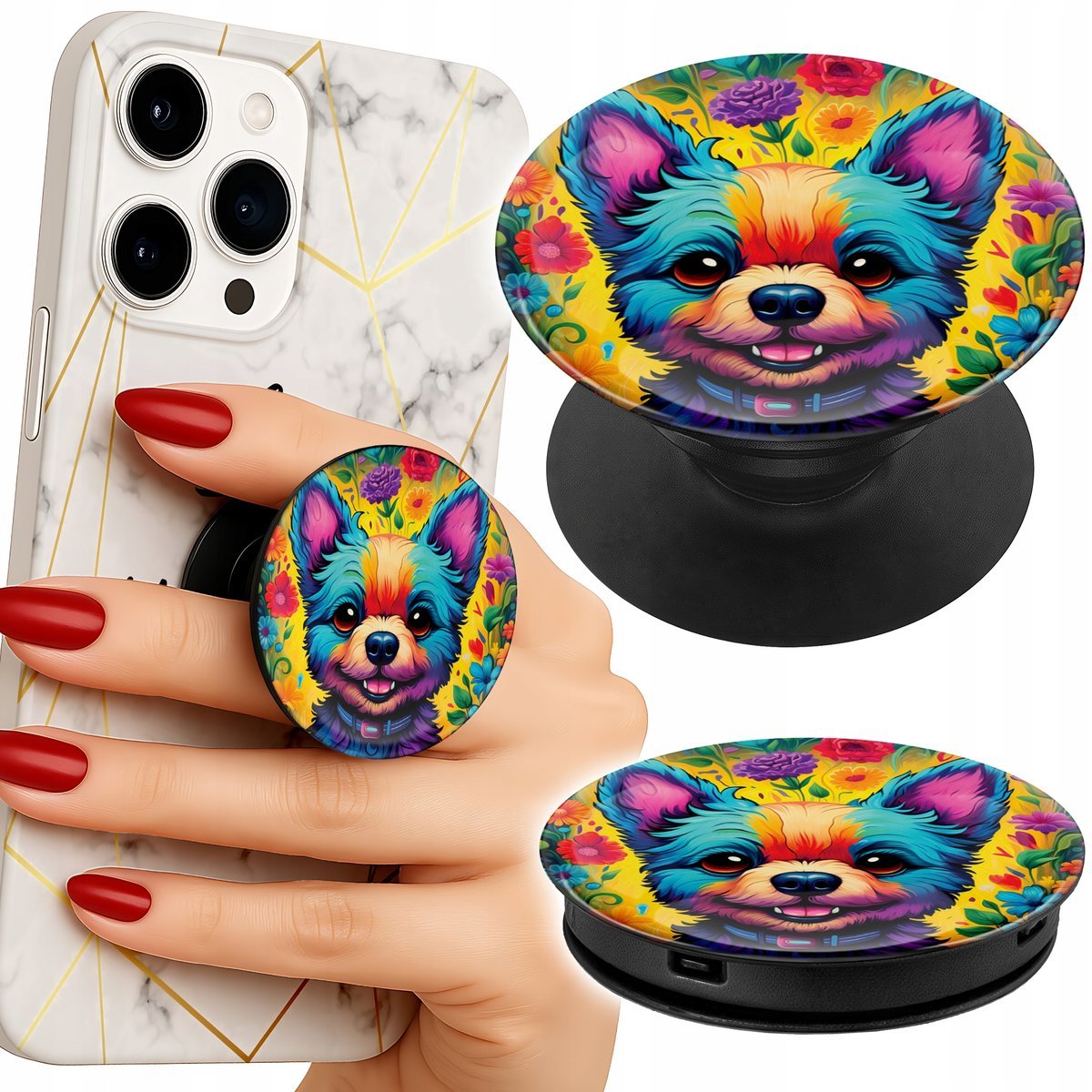 Uchwyt do telefonu Popsocket na palce/stojak KWIACISTE WZORY PIES JORK