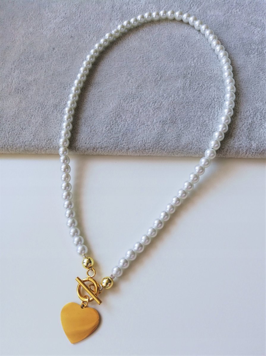 naszyjnik perły 6mm DUŻE SERCE złota stal 42cm