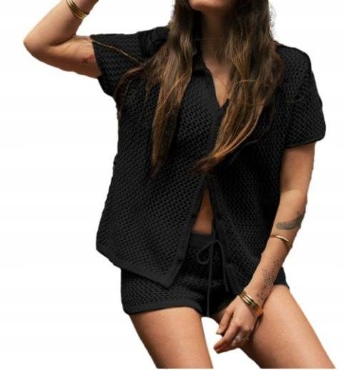 Letni Komplet Dzianinowy Boho Chic Dwuczęściwy Zestaw Spodenki Koszula