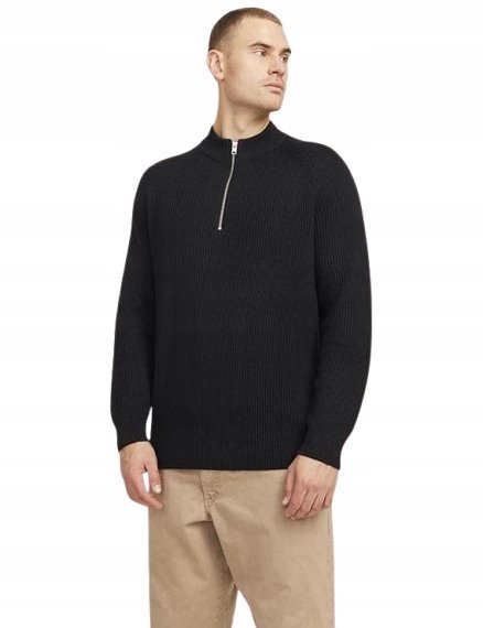 JACK&JONES CZARNY SWETER MĘSKI Z PÓŁGOLFEM I ZAMKIEM XXL J9A