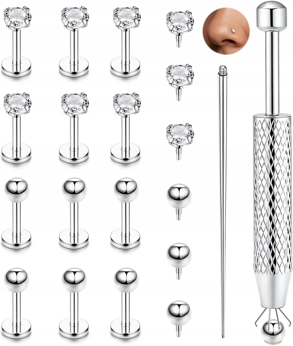 PIERCING 20 SZTUK LABRET ZESTAW STAL CHIRURGICZNA PŁASKIE KOLCZYKI TYŁ