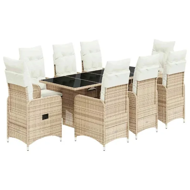Beżowy zestaw bistro z rattanem PE, 6 krzeseł, 2 fotele, stół 190x80x75