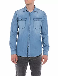 Koszule męskie - Replay Męska koszula dżinsowa z długim rękawem z bawełny, 009 Medium Blue, M - grafika 1
