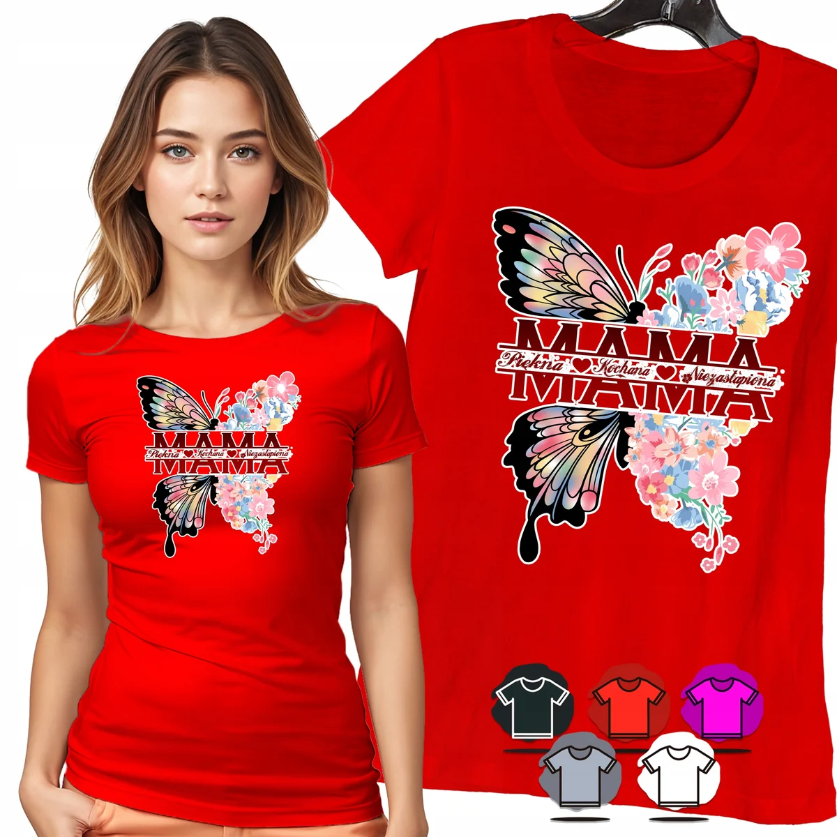 KOSZULKA DAMSKA T-SHIRT - MAMA PIĘKNA KOCHANA MOTYL KWIATY WZÓR MODA - XL