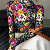 Inne - TEMU Elegancka bluzka z długim rękawem i wysokim kołnierzem z kwiatowym nadrukiem dla kobiet, wykonana z dzianiny poliestrowej, w seksownym stylu, o - miniaturka - grafika 1