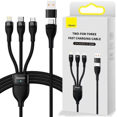 Baseus Flash Series II kabel USB Typ C / USB Typ A - USB Typ C / Lightning / micro USB 100 W 1,2 m czarny (CASS030101) CASS030101