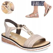 Sandały damskie - Sandały Damskie Eleganckie 39 RIEKER Wsuwane Wygodne na koturnie Beżowe - miniaturka - grafika 1