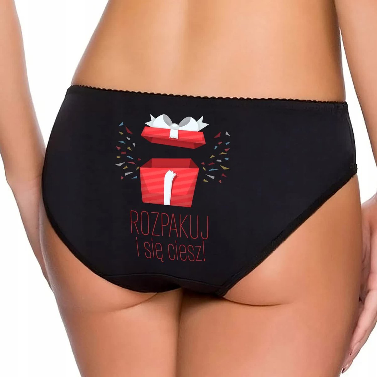 Figi Damskie Majtki Czarne ROZPAKUJ I SIĘ CIESZ Prezent Na Walentynki - M