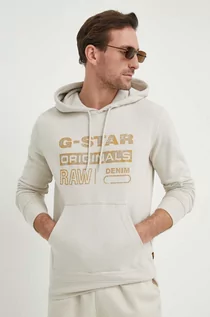 Bluzy męskie - G-Star Raw bluza bawełniana męska kolor beżowy z kapturem z nadrukiem - grafika 1
