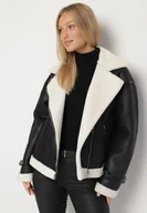 Kurtki damskie - Czarna Kurtka Ramoneska Biker z Futerkiem i Paskami z Klamrami Mandrie - miniaturka - grafika 1