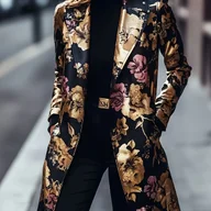 Marynarki i żakiety damskie - TEMU Damski elegancki blazer z kwiatowym nadrukiem - długi rękaw, bez guzików, z dekoltem, czarny i złoty wzór kwiatowy, luźny krój, uniwersalna - miniaturka - grafika 1