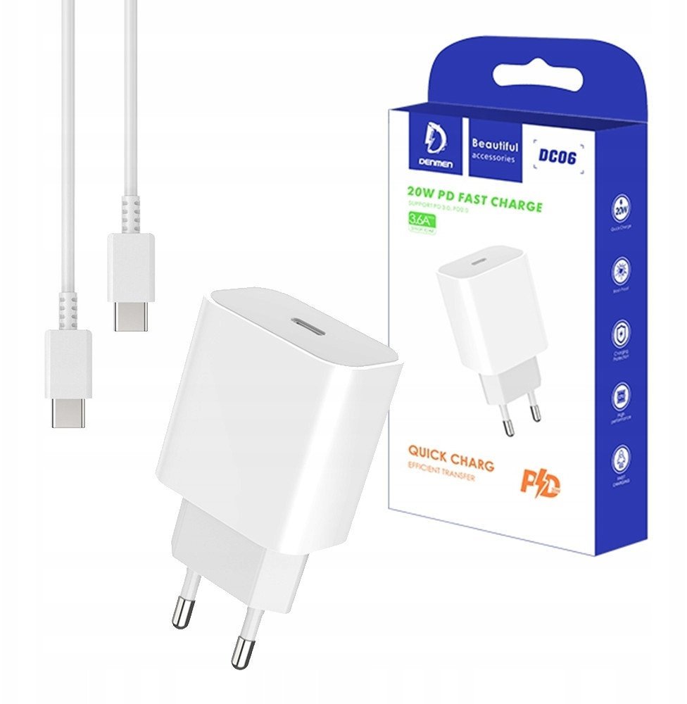 DENMEN ŁADOWARKA SIECIOWA 3,6A 20W BIAŁA DENMEN + KABEL TYP-C DO TYP-C 1m