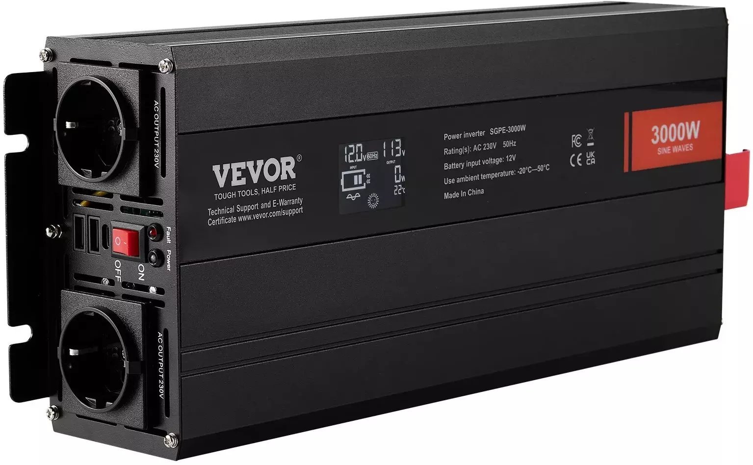 Przetwornica Azo Przetwornica czysty sinus 3000W 12V/230V LCD USB/Type-C z pilotem