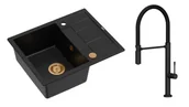 Zlewozmywaki z baterią - Quadron Unique Zlewozmywak granitowy jednokomorowy 62*50*22 cm z ociekaczem MORGAN 116 PURE CARBON z syfonem Push-2-Open w kolorze miedzianym z baterią MARGOT T LINE PURE CARBON z ruchomą wylewką kolor czarny mat/czarny wąż - miniaturka - grafika 1