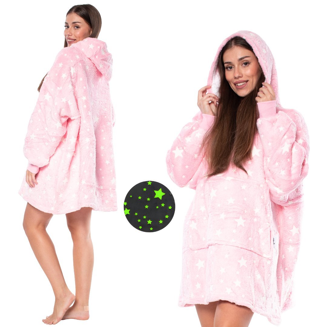 Bluza Koc Kocobluza 2w1 Oversize Kaptur Gruba Sherpa Różowa w Gwiazdy
