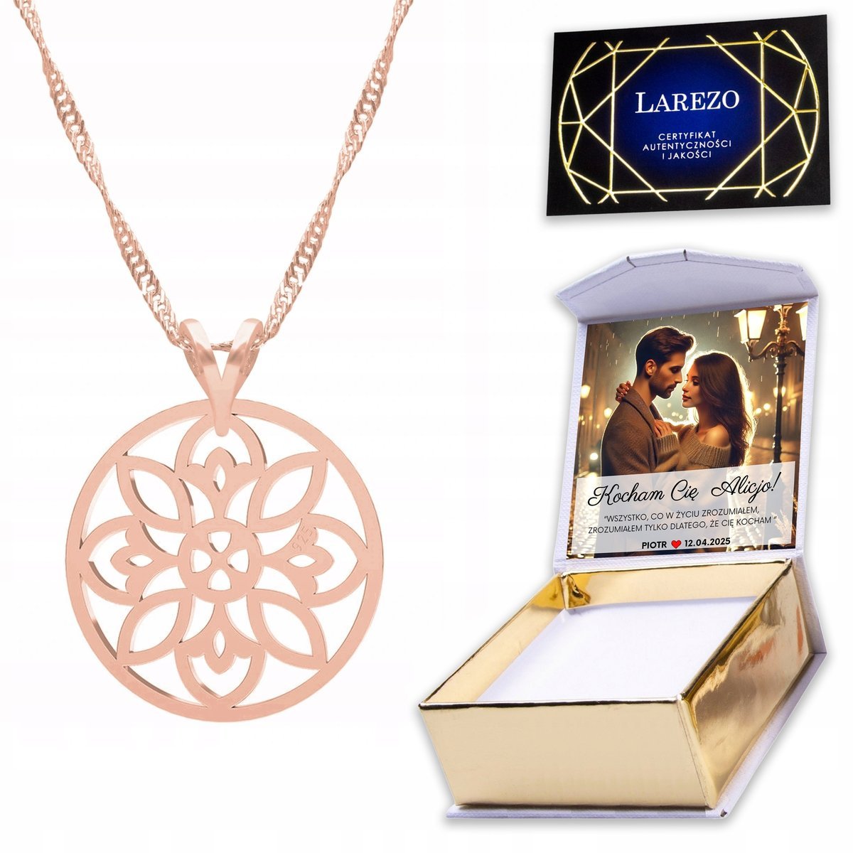 Naszyjnik Pozłacany 925 z Ażurowym Kwiatem Kwiatkiem Róża Kwiat + NADRUK