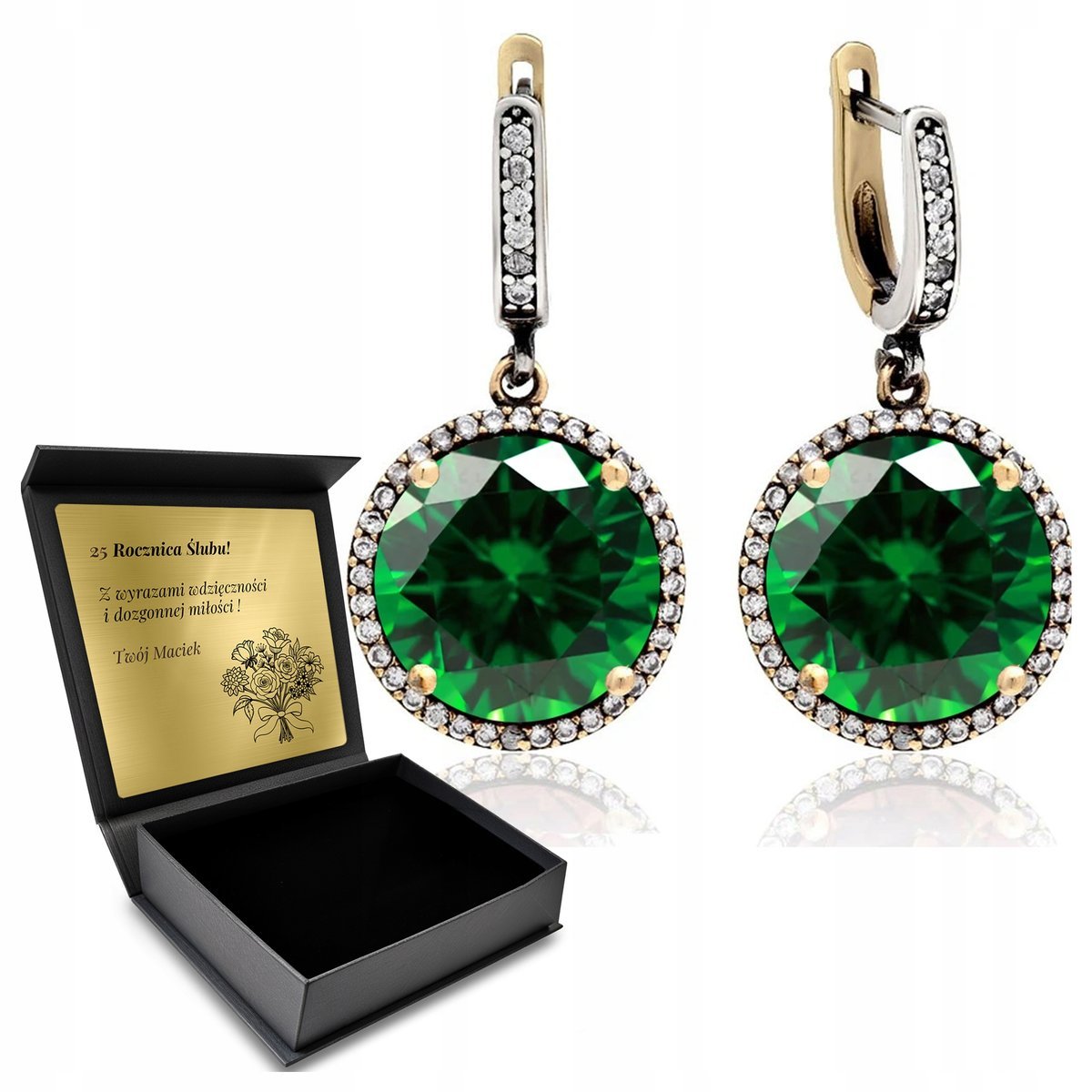 Kolczyki Srebrne 925 Z Cyrkoniami I Szmaragdem Dla Kobiety + Grawer