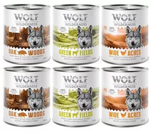 10% taniej! Wolf of Wilderness, karma mokra dla psa, 6 x 800 g - Mieszany pakiet próbny Adult: Dzik, kurczak, jagnięcina - Mokra karma dla psów - miniaturka - grafika 1