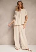 Komplety damskie - Jasnobeżowy Komplet Bluzka i Luźne Spodnie z Wiskozą i Kieszonkami Efraria - miniaturka - grafika 1