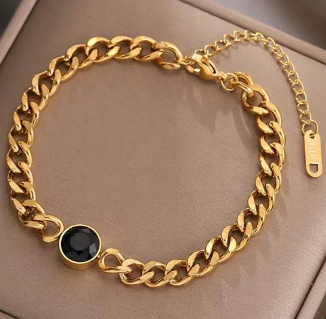 Złota Bransoletka z Czarnym Diamentem Cyrkonia ze Stali Szlachetnej Prezent